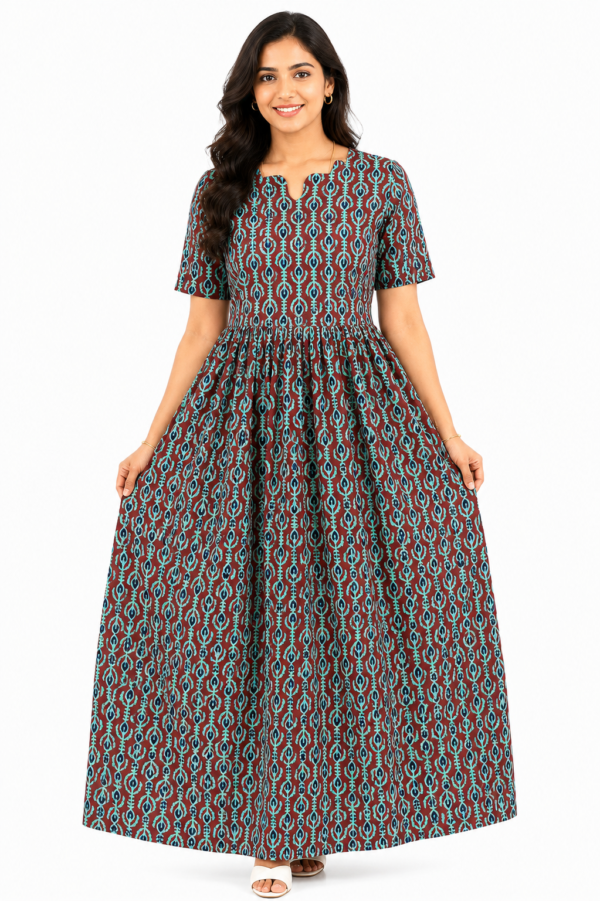 YANIRA Maxi Style Jaipur Cotton Nighty | Frock Style Nightgown (Ruby Aqua Tribal Stripe)