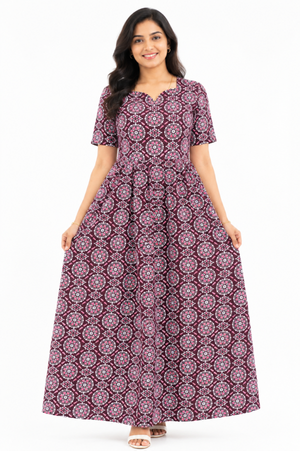 YANIRA Maxi Style Jaipur Cotton Nighty | Frock Style Nightgown (Ruby Rose Circle Print)