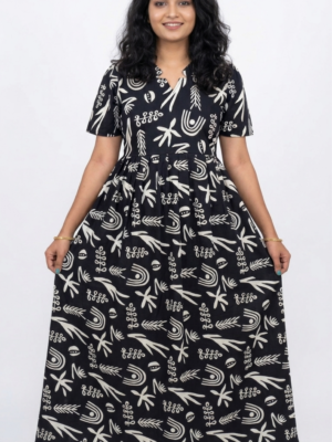 YANIRA Maxi Style Jaipur Cotton Nighty | Frock Style Nightgown (BLACK ABSTRACT)