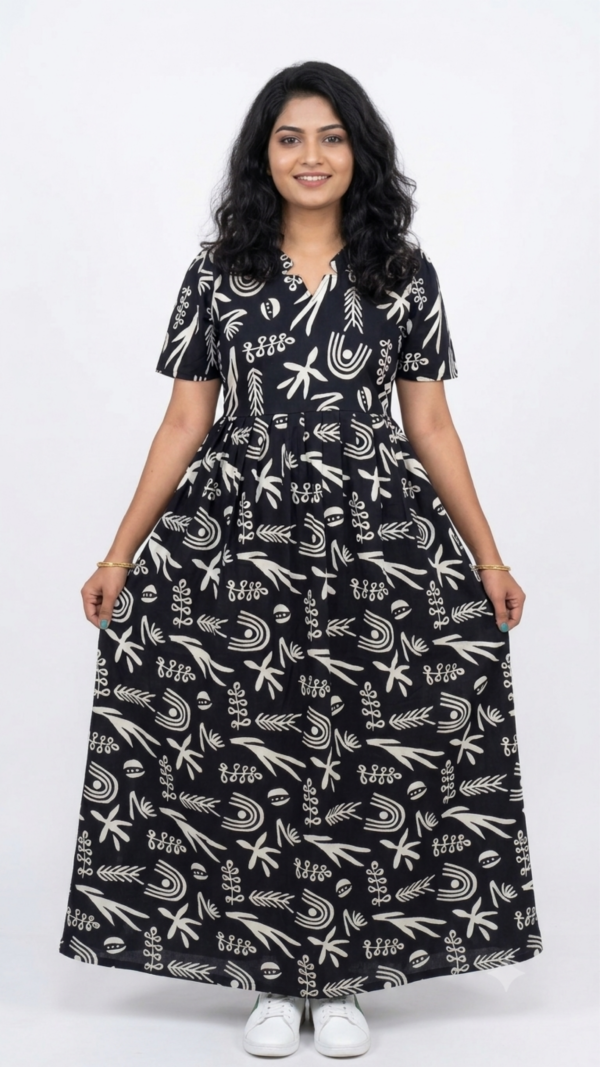 YANIRA Maxi Style Jaipur Cotton Nighty | Frock Style Nightgown (BLACK ABSTRACT)