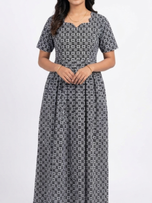 YANIRA Maxi Style Jaipur Cotton Nighty | Frock Style Nightgown (BLACK FLOWER)