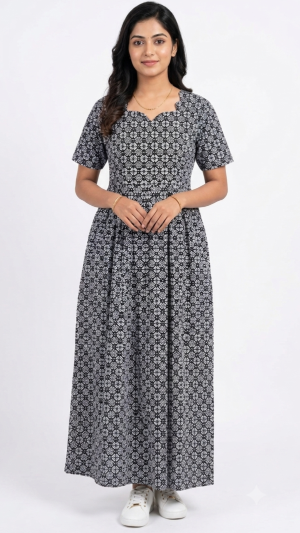 YANIRA Maxi Style Jaipur Cotton Nighty | Frock Style Nightgown (BLACK FLOWER)
