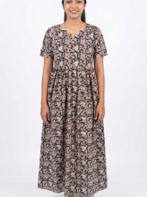 YANIRA Maxi Style Jaipur Cotton Nighty | Frock Style Nightgown (BLACK FLORAL)