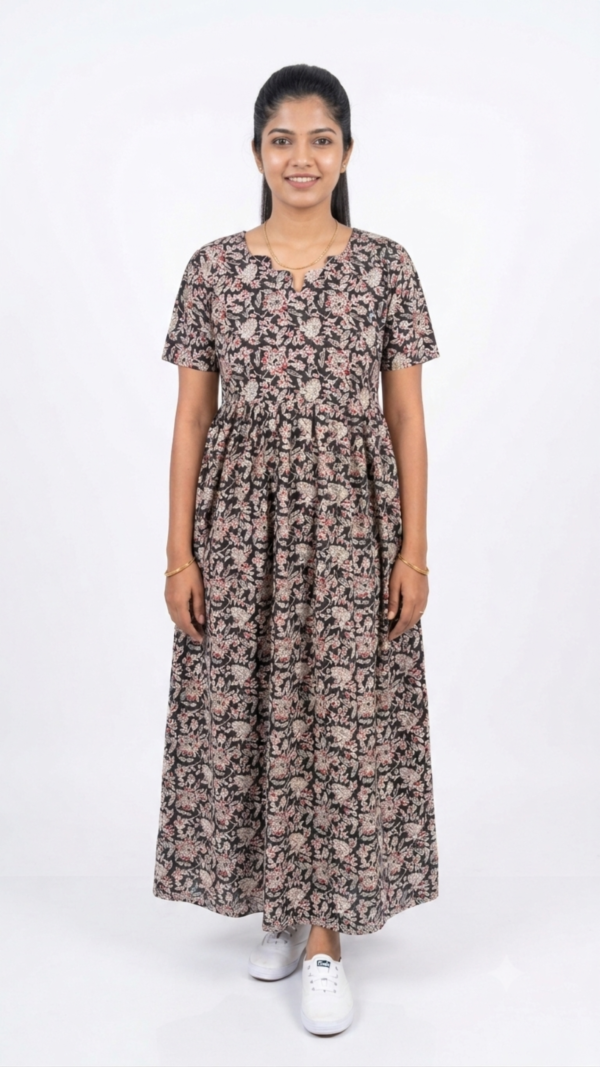 YANIRA Maxi Style Jaipur Cotton Nighty | Frock Style Nightgown (BLACK FLORAL)