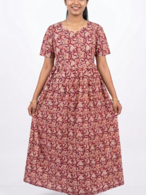 YANIRA Maxi Style Jaipur Cotton Nighty | Frock Style Nightgown (MAROON FLORAL)