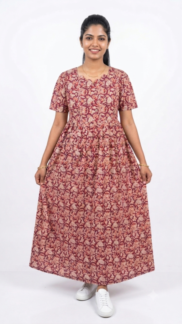 YANIRA Maxi Style Jaipur Cotton Nighty | Frock Style Nightgown (MAROON FLORAL)