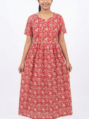 YANIRA Maxi Style Jaipur Cotton Nighty | Frock Style Nightgown (RED FLORAL)