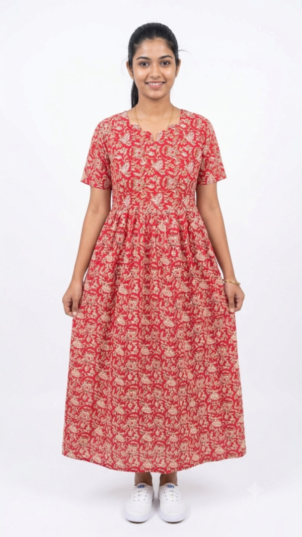 YANIRA Maxi Style Jaipur Cotton Nighty | Frock Style Nightgown (RED FLORAL)