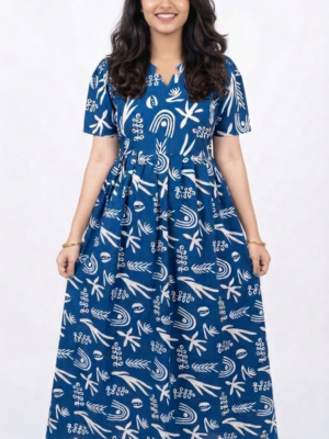 YANIRA Maxi Style Jaipur Cotton Nighty | Frock Style Nightgown (BLUE ABSTRACT)