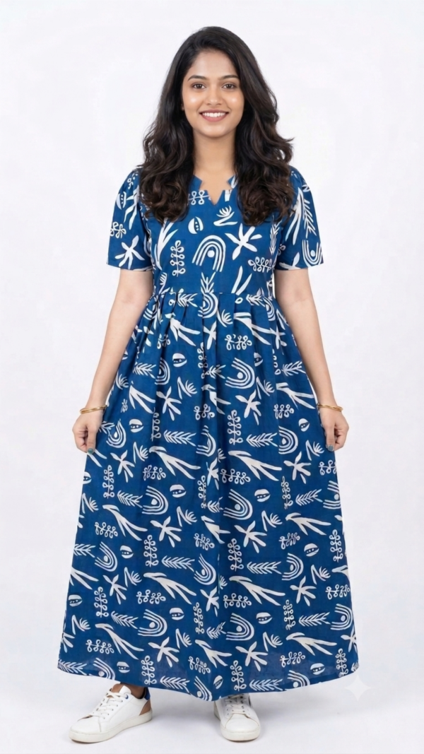 YANIRA Maxi Style Jaipur Cotton Nighty | Frock Style Nightgown (BLUE ABSTRACT)