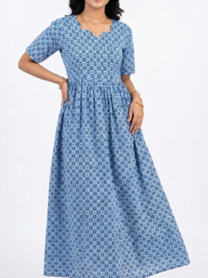 YANIRA Maxi Style Jaipur Cotton Nighty | Frock Style Nightgown (BLUE FLOWER)