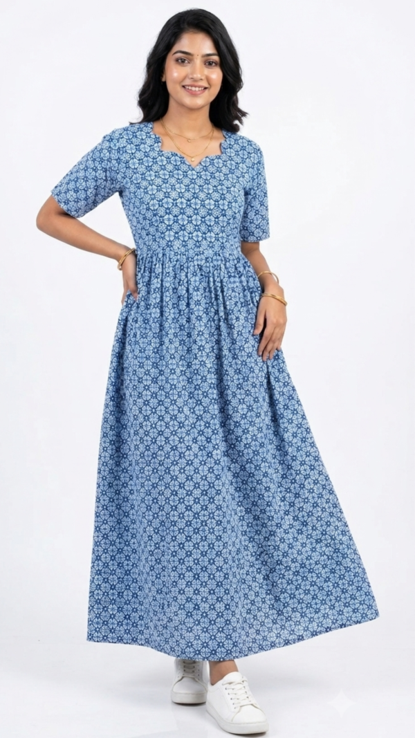 YANIRA Maxi Style Jaipur Cotton Nighty | Frock Style Nightgown (BLUE FLOWER)