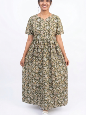 YANIRA Maxi Style Jaipur Cotton Nighty | Frock Style Nightgown (GREEN FLORAL)