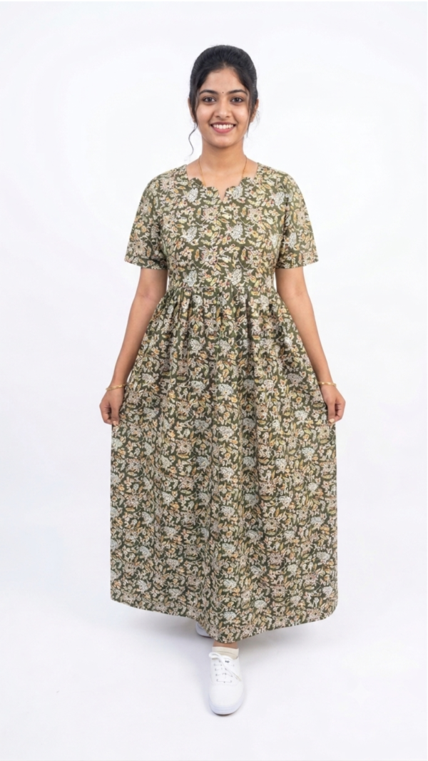 YANIRA Maxi Style Jaipur Cotton Nighty | Frock Style Nightgown (GREEN FLORAL)
