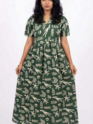 YANIRA Maxi Style Jaipur Cotton Nighty | Frock Style Nightgown (GREEN ABSTRACT)
