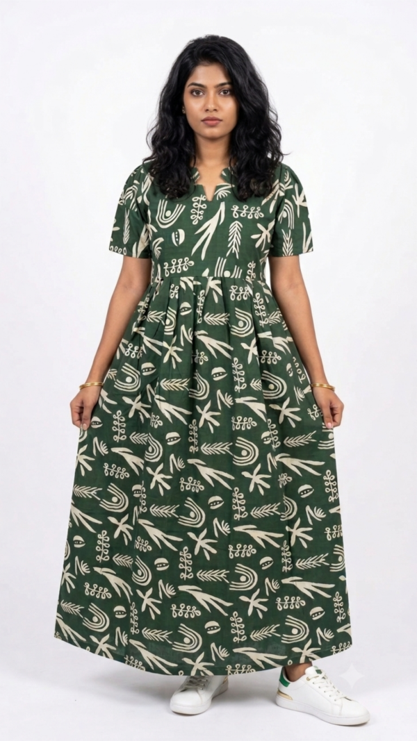 YANIRA Maxi Style Jaipur Cotton Nighty | Frock Style Nightgown (GREEN ABSTRACT)