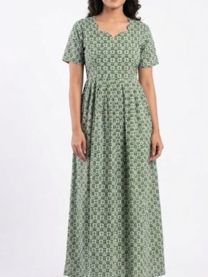 YANIRA Maxi Style Jaipur Cotton Nighty | Frock Style Nightgown (GREEN FLOWER)