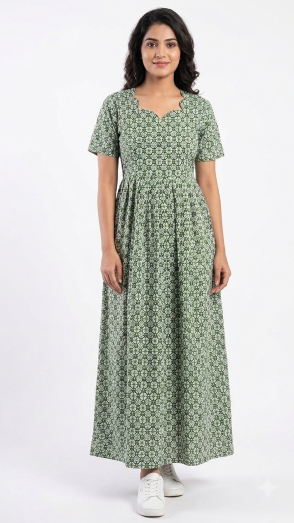 YANIRA Maxi Style Jaipur Cotton Nighty | Frock Style Nightgown (GREEN FLOWER)