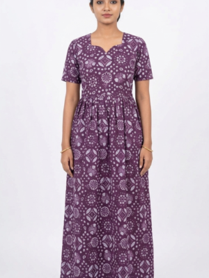 YANIRA Maxi Style Jaipur Cotton Nighty | Frock Style Nightgown (PURPLE GEOMETRIC)