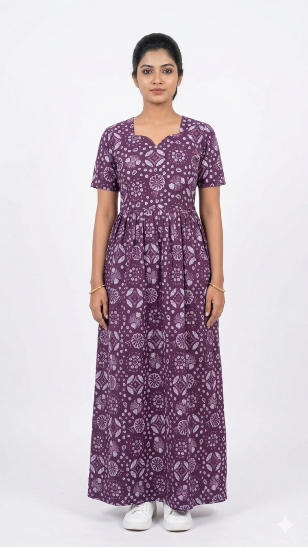 YANIRA Maxi Style Jaipur Cotton Nighty | Frock Style Nightgown (PURPLE GEOMETRIC)