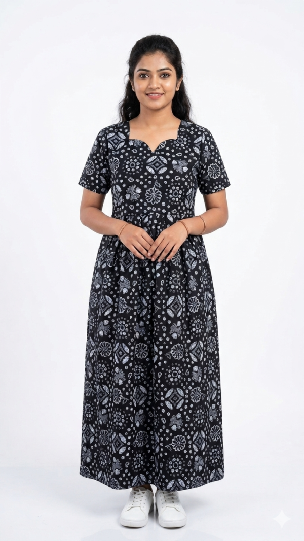 YANIRA Maxi Style Jaipur Cotton Nighty | Frock Style Nightgown (BLACK GEOMETRIC)