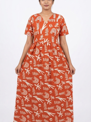 YANIRA Maxi Style Jaipur Cotton Nighty | Frock Style Nightgown (ORANGE ABSTRACT)