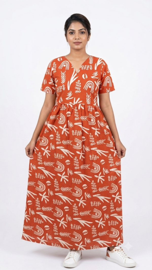 YANIRA Maxi Style Jaipur Cotton Nighty | Frock Style Nightgown (ORANGE ABSTRACT)