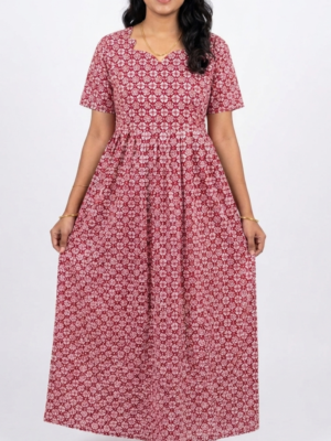 YANIRA Maxi Style Jaipur Cotton Nighty | Frock Style Nightgown (RUBY FLOWER)