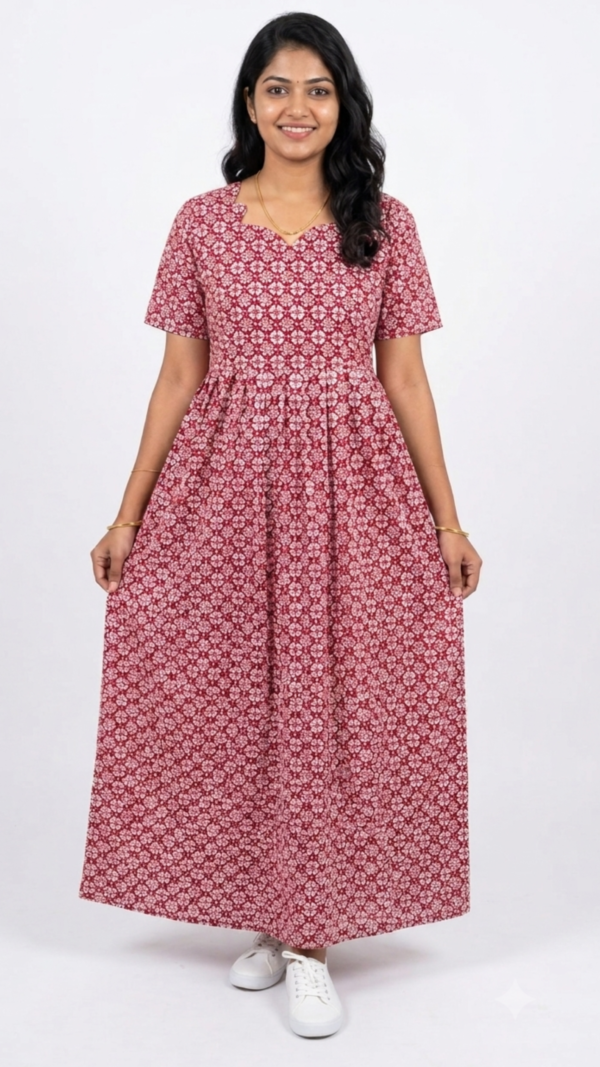 YANIRA Maxi Style Jaipur Cotton Nighty | Frock Style Nightgown (RUBY FLOWER)