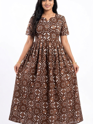 YANIRA Maxi Style Jaipur Cotton Nighty | Frock Style Nightgown (COFFEE BROWN GEOMETRIC)