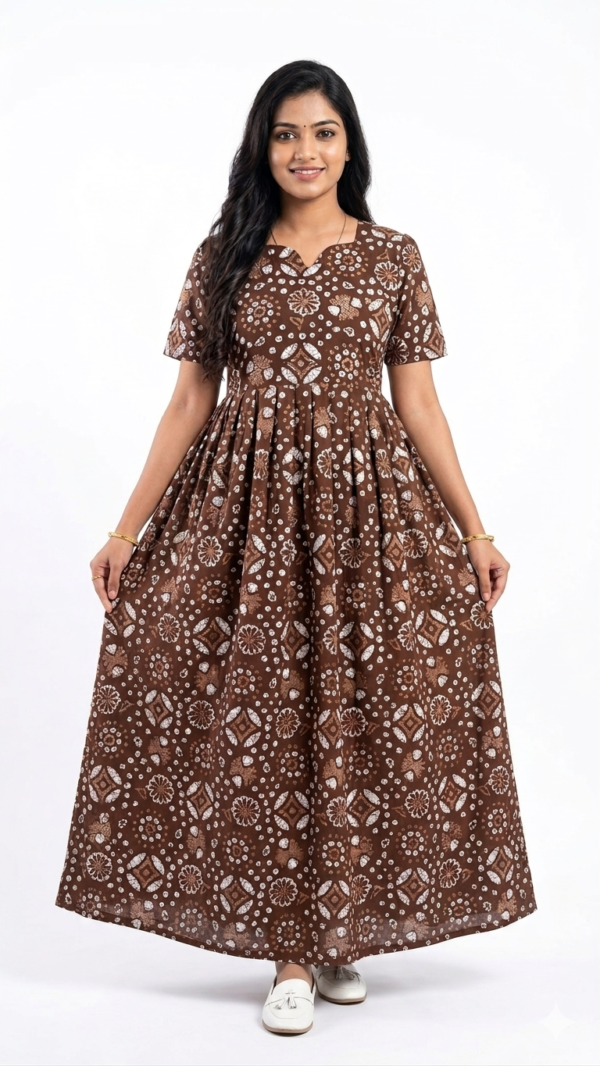 YANIRA Maxi Style Jaipur Cotton Nighty | Frock Style Nightgown (COFFEE BROWN GEOMETRIC)