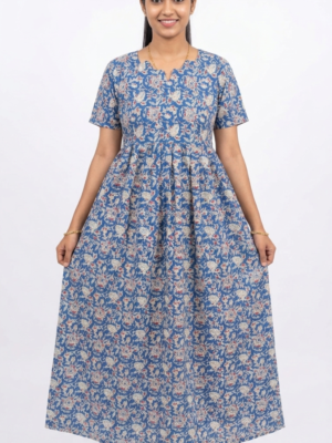 YANIRA Maxi Style Jaipur Cotton Nighty | Frock Style Nightgown (BLUE FLORAL)
