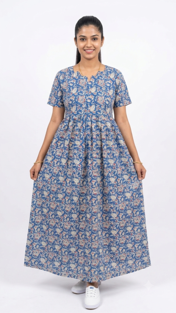 YANIRA Maxi Style Jaipur Cotton Nighty | Frock Style Nightgown (BLUE FLORAL)