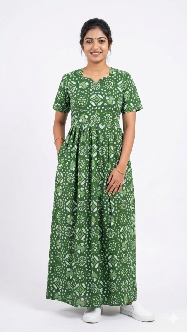 YANIRA Maxi Style Jaipur Cotton Nighty | Frock Style Nightgown (GREEN GEOMETRIC)