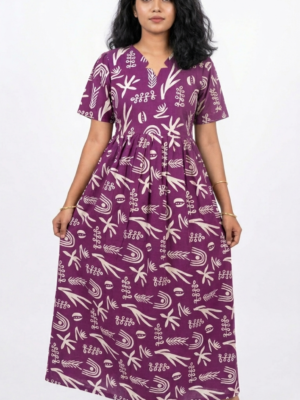 YANIRA Maxi Style Jaipur Cotton Nighty | Frock Style Nightgown (PURPLE ABSTRACT)