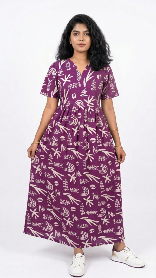 YANIRA Maxi Style Jaipur Cotton Nighty | Frock Style Nightgown (PURPLE ABSTRACT)