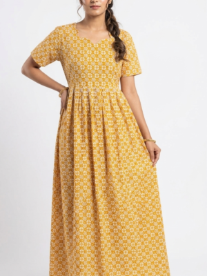 YANIRA Maxi Style Jaipur Cotton Nighty | Frock Style Nightgown (YELLOW FLOWER)