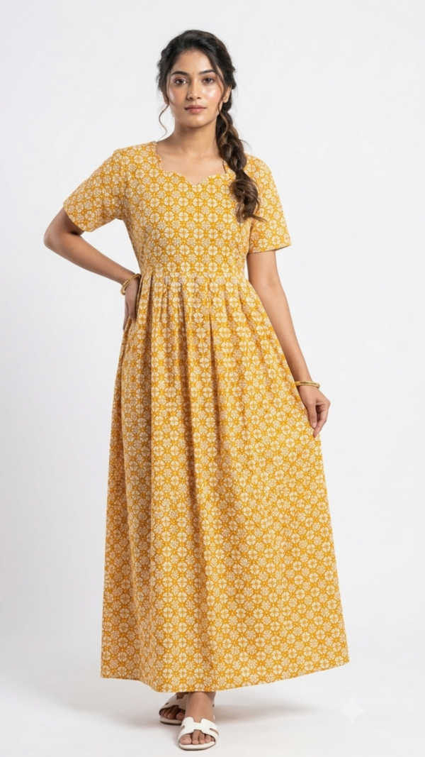 YANIRA Maxi Style Jaipur Cotton Nighty | Frock Style Nightgown (YELLOW FLOWER)