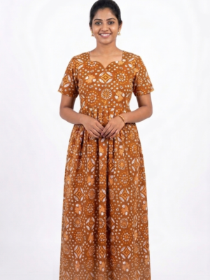 YANIRA Maxi Style Jaipur Cotton Nighty | Frock Style Nightgown (AMBER BROWN GEOMETRIC)