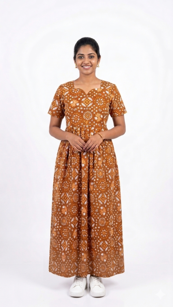 YANIRA Maxi Style Jaipur Cotton Nighty | Frock Style Nightgown (AMBER BROWN GEOMETRIC)