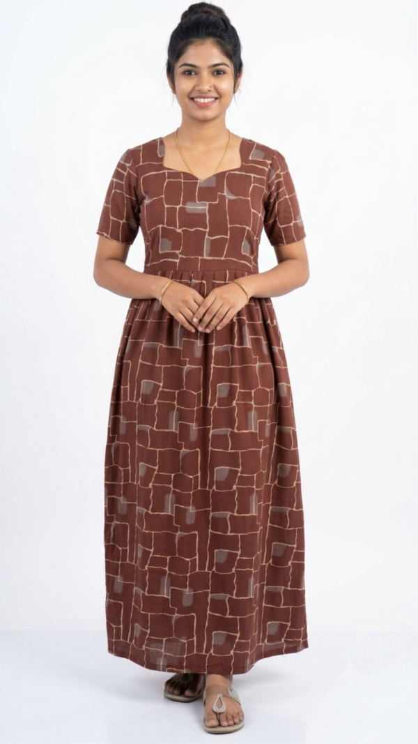 YANIRA Maxi Style SPUN Nighty | Frock Style Nightgown (Brown Frame)