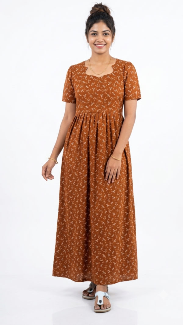 YANIRA Maxi Style SPUN Nighty | Frock Style Nightgown (Brown Garden)