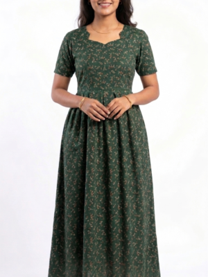YANIRA Maxi Style SPUN Nighty | Frock Style Nightgown (Green Garden)