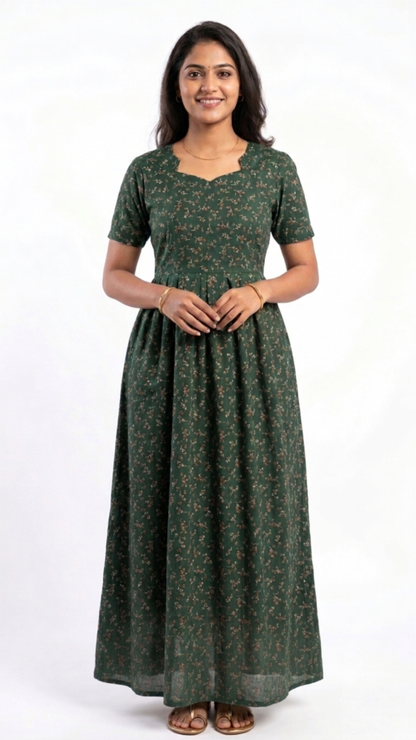 YANIRA Maxi Style SPUN Nighty | Frock Style Nightgown (Green Garden)