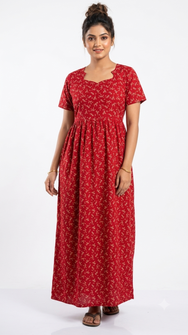 YANIRA Maxi Style SPUN Nighty | Frock Style Nightgown (Red Garden)