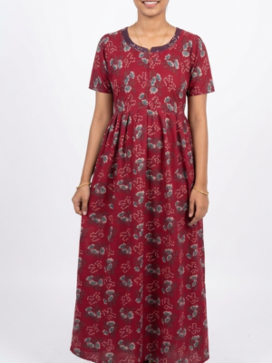 YANIRA Maxi Style SPUN Nighty | FEEDING Frock Style Nightgown-FRONT ZIP (Red Charm)