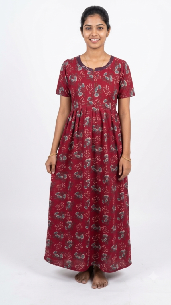 YANIRA Maxi Style SPUN Nighty  | FEEDING Frock Style Nightgown-FRONT ZIP (Red Charm)