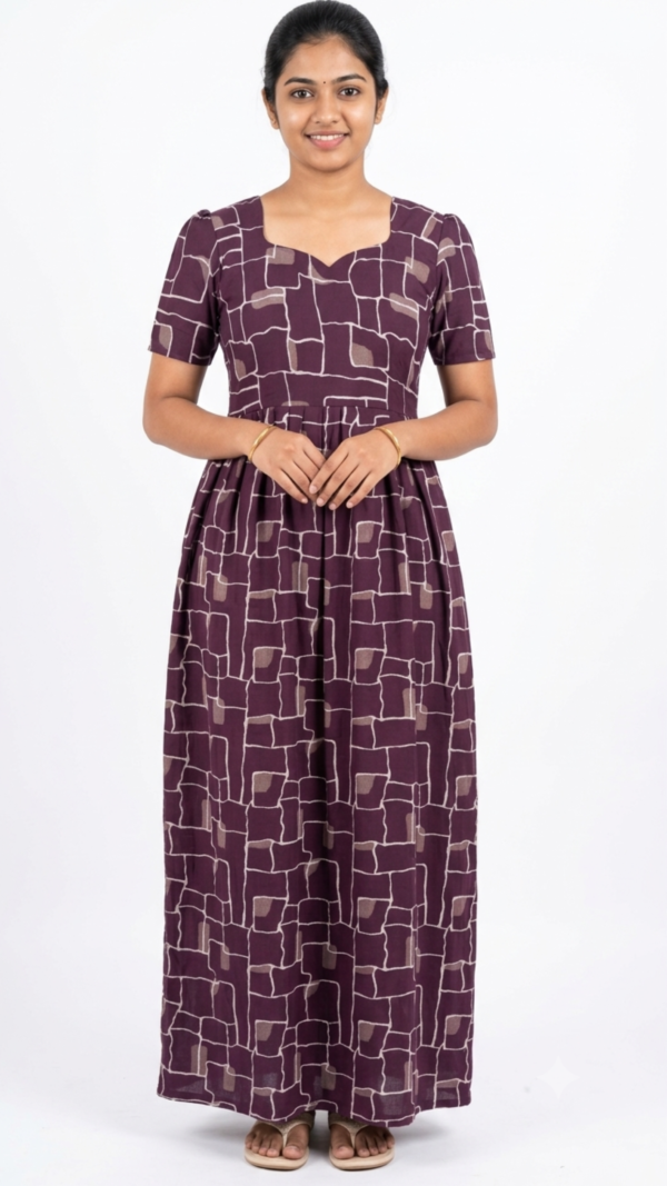 YANIRA Maxi Style SPUN Nighty | Frock Style Nightgown (Purple Frame)