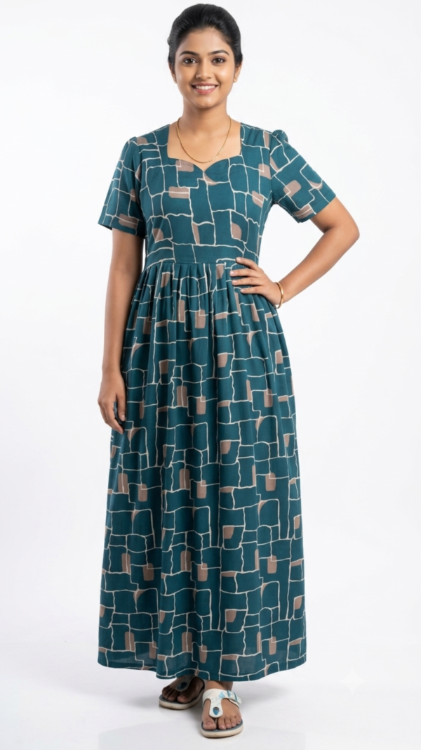 YANIRA Maxi Style SPUN Nighty | Frock Style Nightgown (Teal Frame)