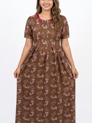 YANIRA Maxi Style SPUN Nighty | FEEDING Frock Style Nightgown-FRONT ZIP (Brown Charm)